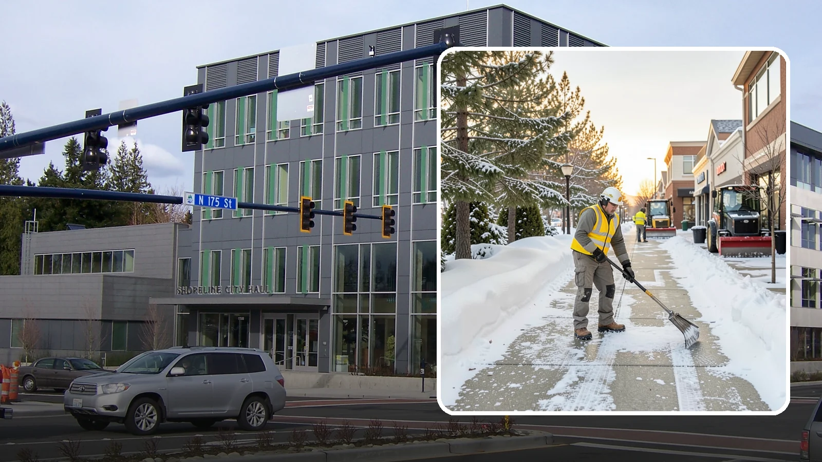 Shopping Center Sidewalk Clearing in Shoreline, King County, WA - Storefront-corridor sidewalk clearing for Western Washington shopping centers, keeping the long tenant walkways and entrances...