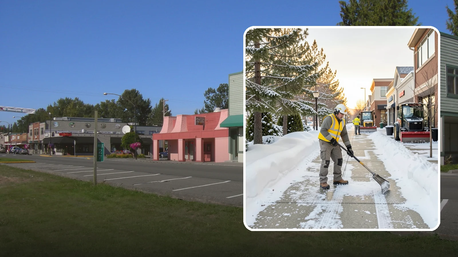 Shopping Center Sidewalk Clearing in Snoqualmie, King County, WA - Storefront-corridor sidewalk clearing for Western Washington shopping centers, keeping the long tenant walkways and entrances...
