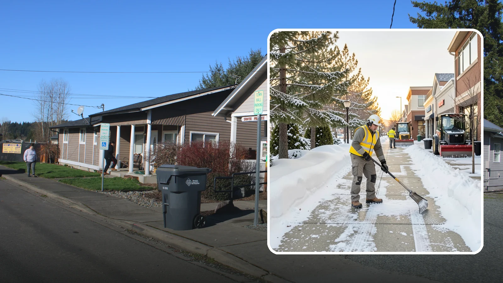 Shopping Center Sidewalk Clearing in South Prairie, Pierce County, WA - Storefront-corridor sidewalk clearing for Western Washington shopping centers, keeping the long tenant walkways and entrances...