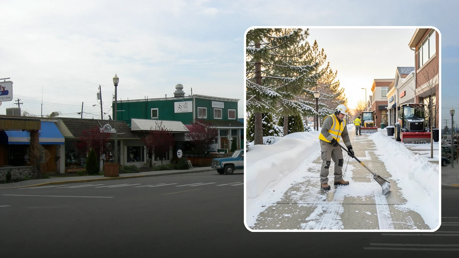 Shopping Center Sidewalk Clearing in Stanwood, Snohomish County, WA - Storefront-corridor sidewalk clearing for Western Washington shopping centers, keeping the long tenant walkways and entrances...