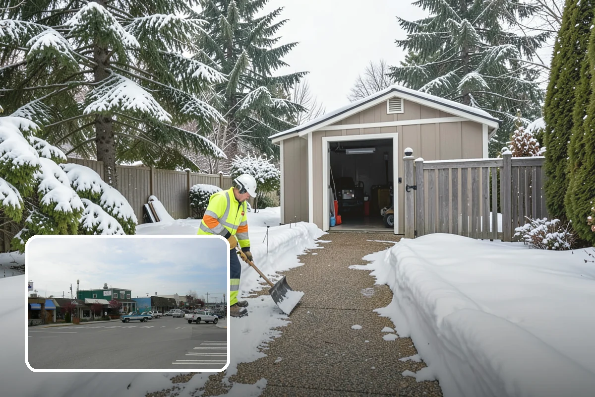 Shopping Center Sidewalk Clearing in Stanwood, Snohomish County, WA - Full storefront corridor cleared for every tenant equally
