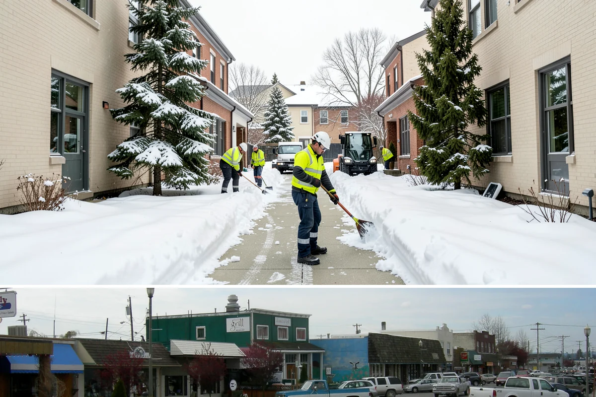 Shopping Center Sidewalk Clearing in Stanwood, Snohomish County, WA - Shopping center demand peaks from late November through February, when holiday foot traffic and daytime thaw-refreeze rebuild...