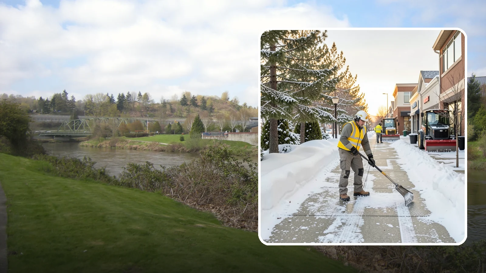 Shopping Center Sidewalk Clearing in Tukwila, King County, WA - Storefront-corridor sidewalk clearing for Western Washington shopping centers, keeping the long tenant walkways and entrances...