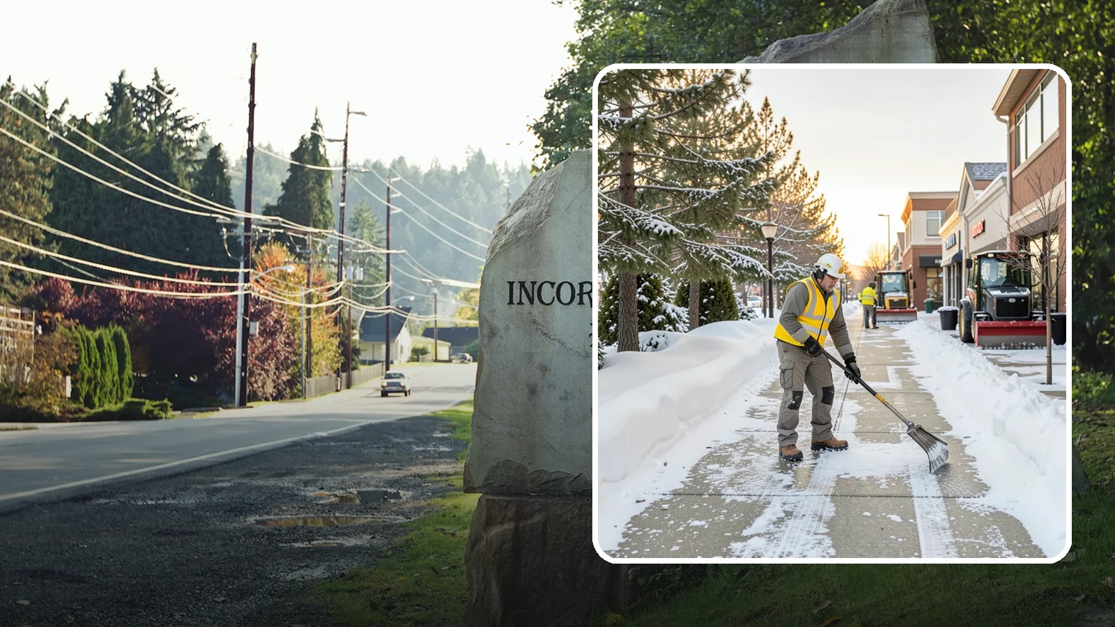 Shopping Center Sidewalk Clearing in Wilkeson, Pierce County, WA - Storefront-corridor sidewalk clearing for Western Washington shopping centers, keeping the long tenant walkways and entrances...