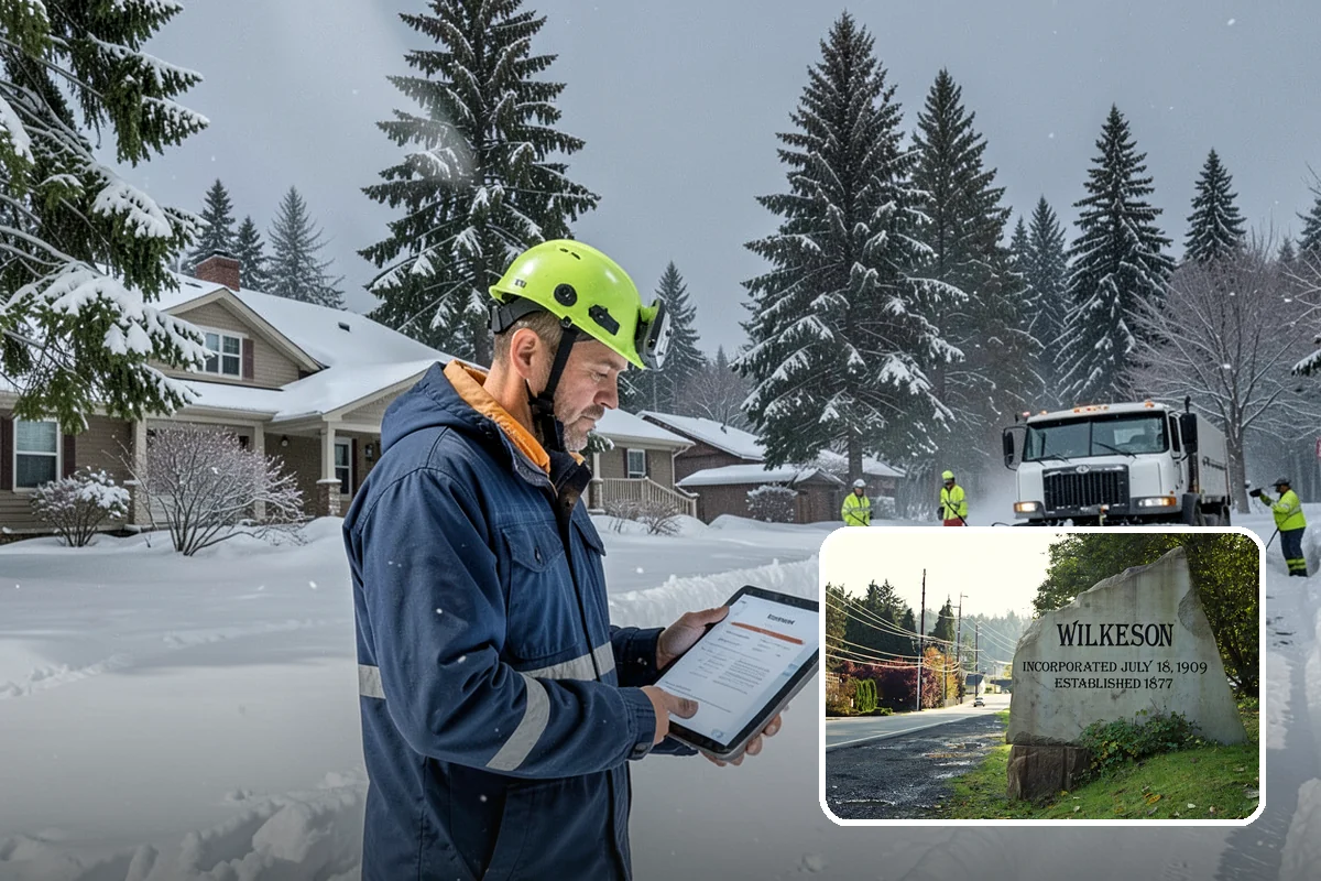 Shopping Center Sidewalk Clearing in Wilkeson, Pierce County, WA - Full storefront corridor cleared for every tenant equally