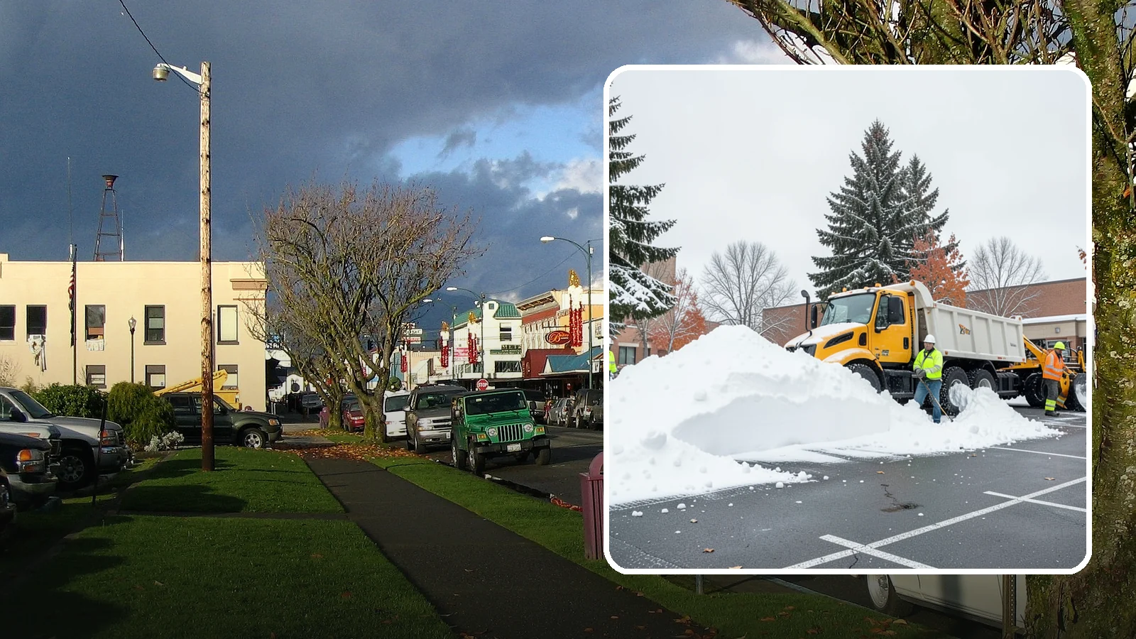 Shopping Center Snow Hauling in Arlington, Snohomish County, WA - We haul accumulated snow off shopping centers when piles start consuming the parking and sightlines customers need.