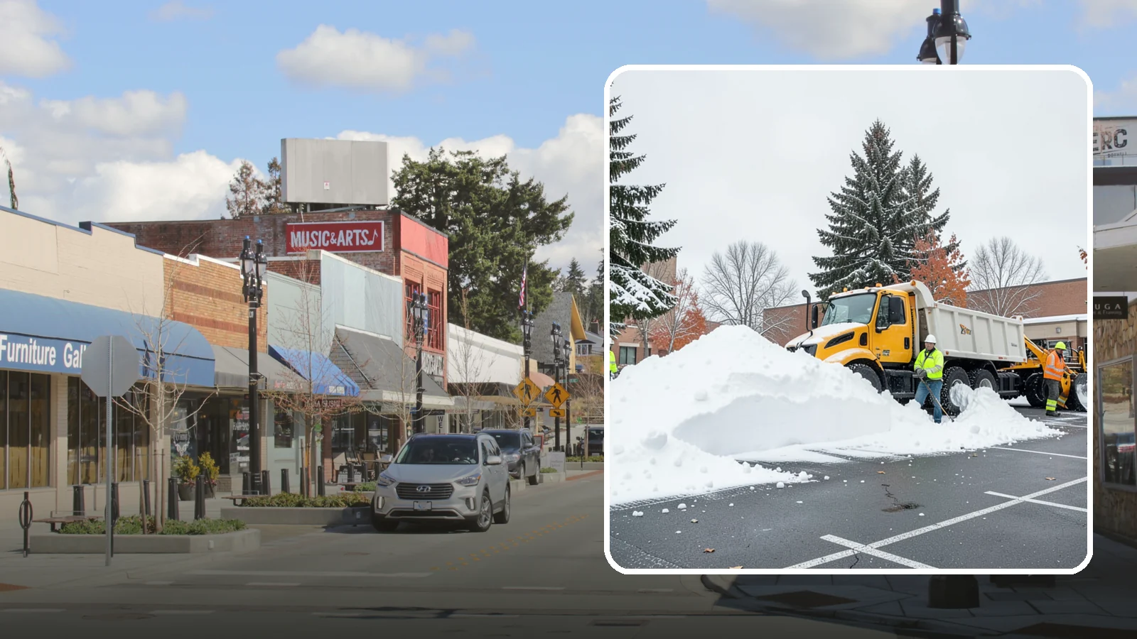 Shopping Center Snow Hauling in Bothell, King County, WA - We haul accumulated snow off shopping centers when piles start consuming the parking and sightlines customers need.