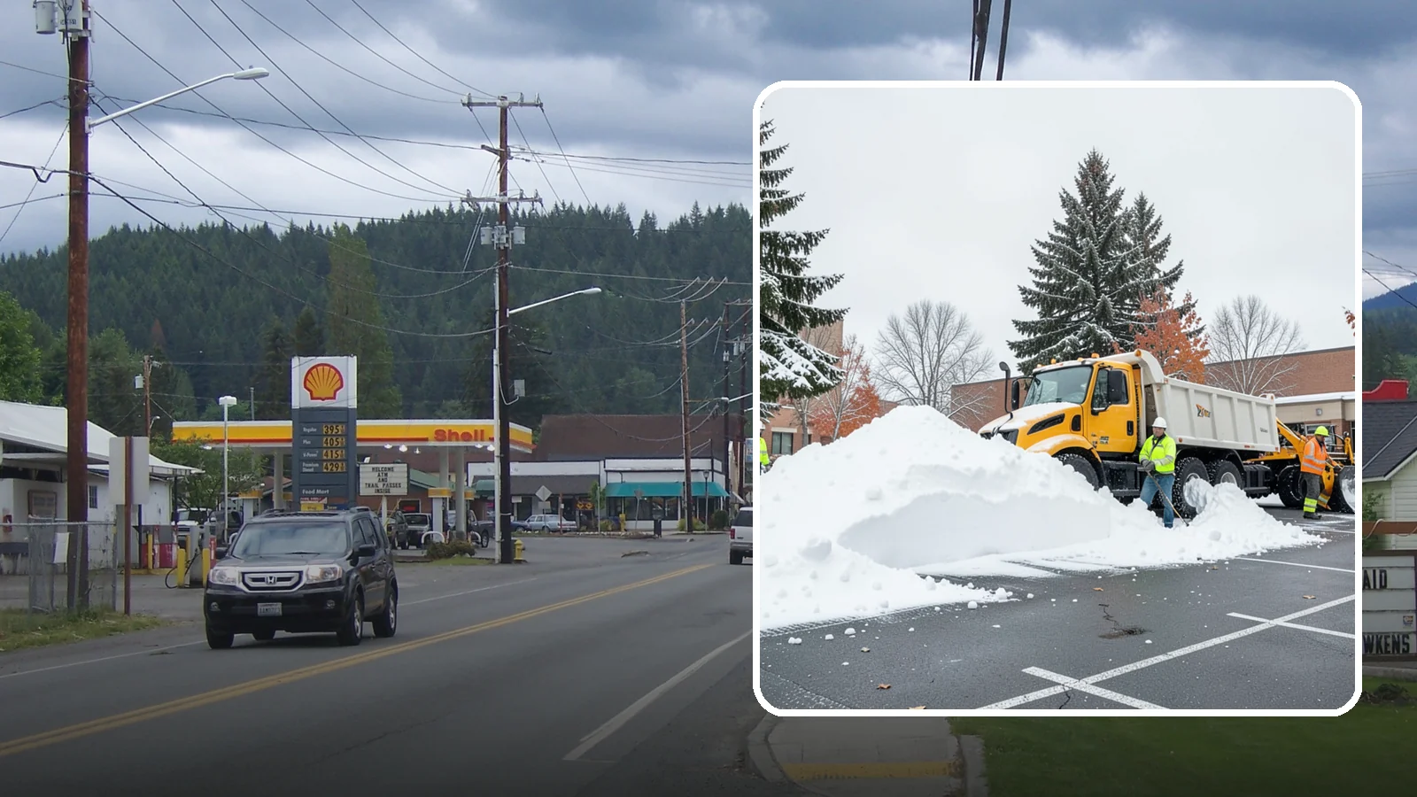 Shopping Center Snow Hauling in Granite Falls, Snohomish County, WA - We haul accumulated snow off shopping centers when piles start consuming the parking and sightlines customers need.