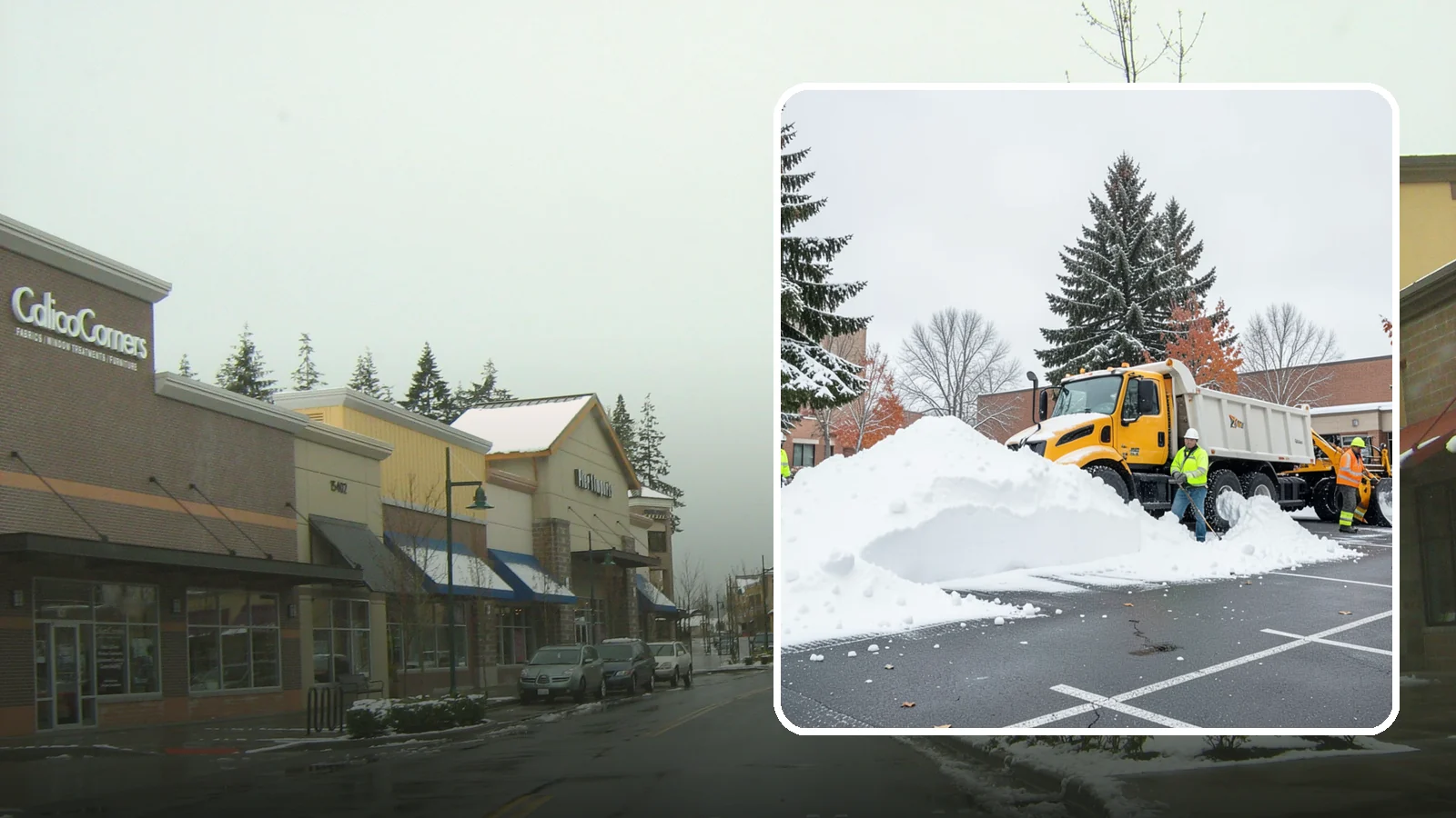 Shopping Center Snow Hauling in Mill Creek, Snohomish County, WA - We haul accumulated snow off shopping centers when piles start consuming the parking and sightlines customers need.