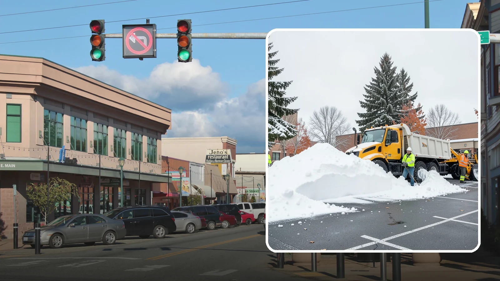 Shopping Center Snow Hauling in Monroe, Snohomish County, WA - We haul accumulated snow off shopping centers when piles start consuming the parking and sightlines customers need.