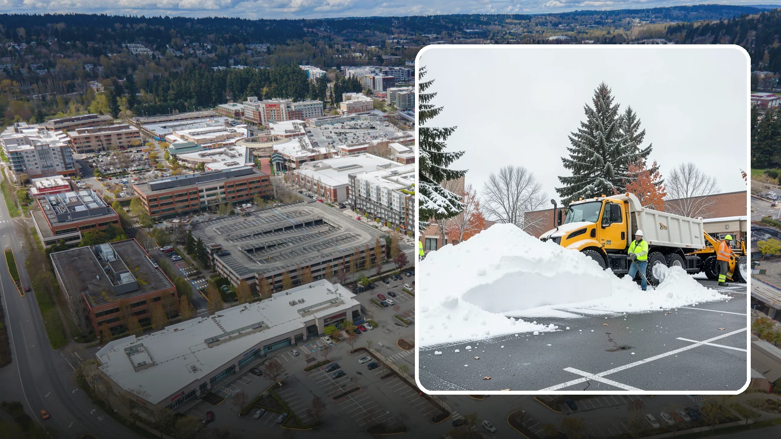 Shopping Center Snow Hauling in Redmond, King County, WA - We haul accumulated snow off shopping centers when piles start consuming the parking and sightlines customers need.
