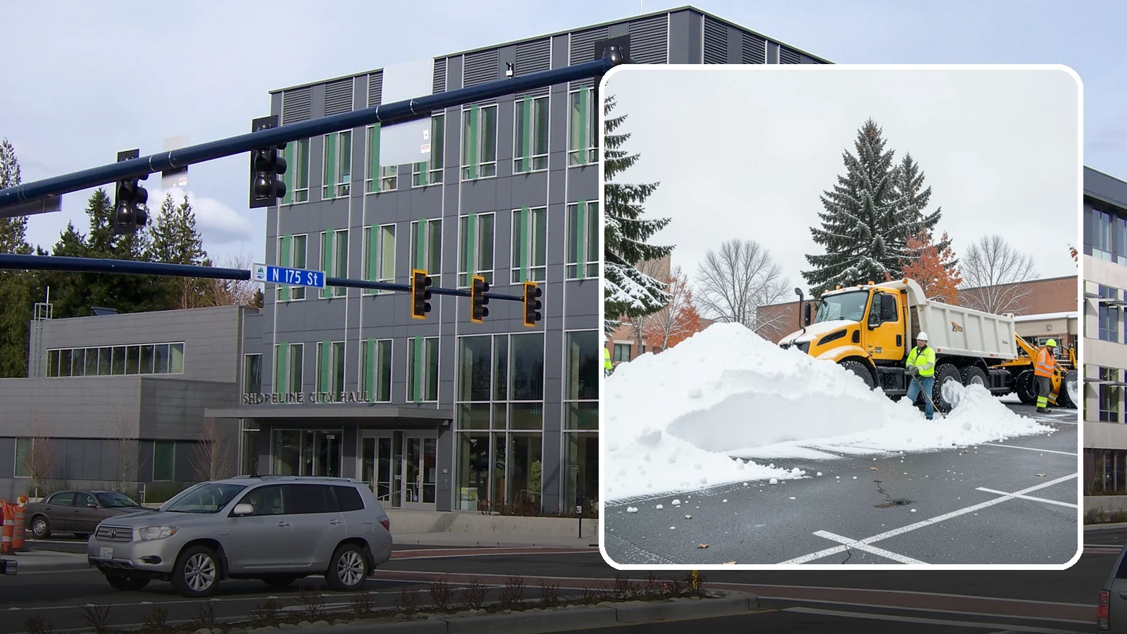 Shopping Center Snow Hauling in Shoreline, King County, WA - We haul accumulated snow off shopping centers when piles start consuming the parking and sightlines customers need.