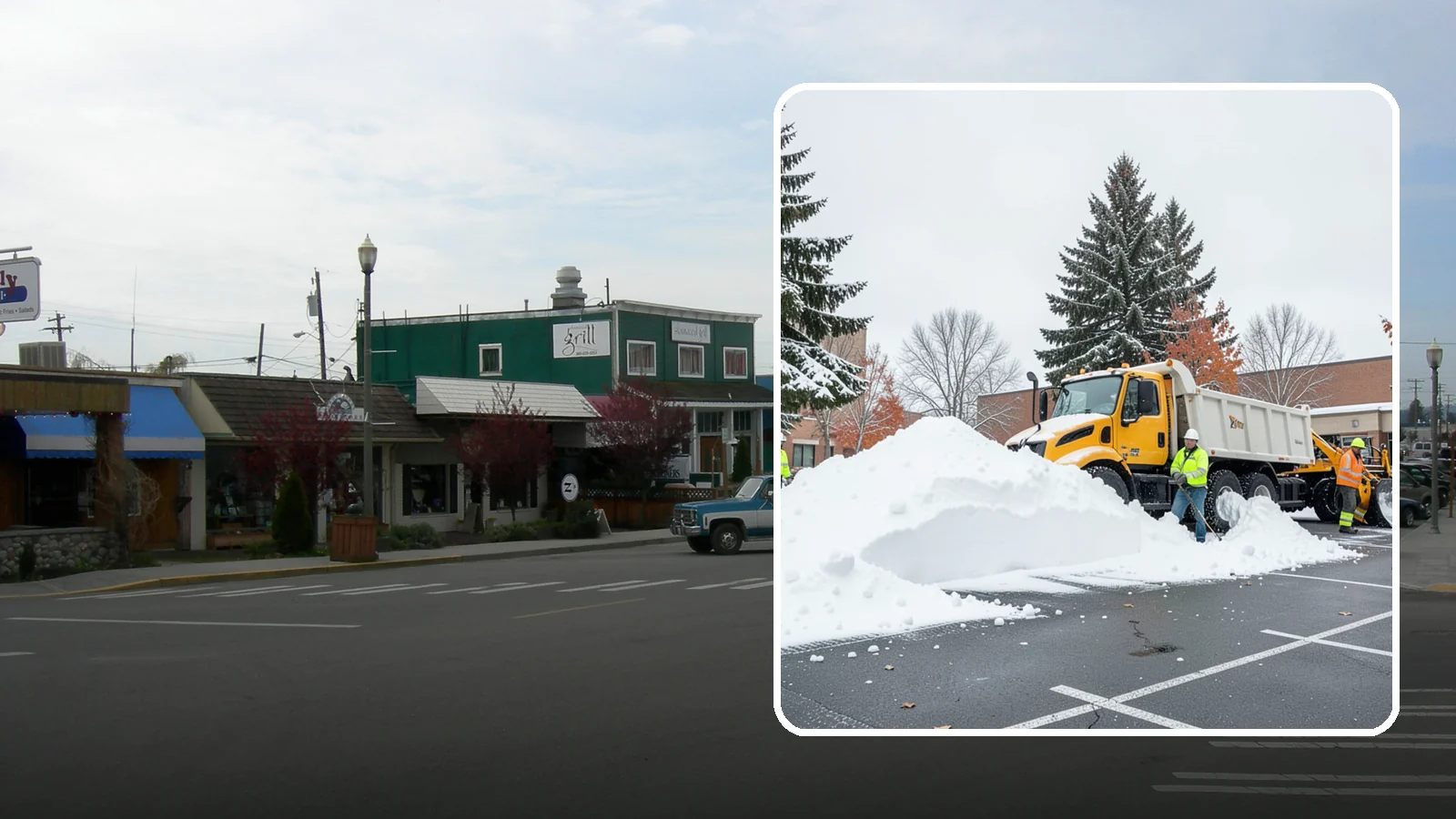 Shopping Center Snow Hauling in Stanwood, Snohomish County, WA - We haul accumulated snow off shopping centers when piles start consuming the parking and sightlines customers need.