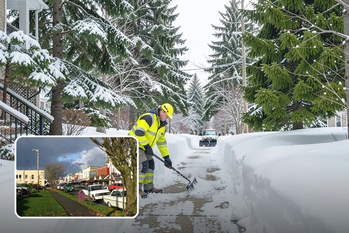 Shopping Center Snow Plowing in Arlington, Snohomish County, WA - Large shared lot cleared for every tenant before open