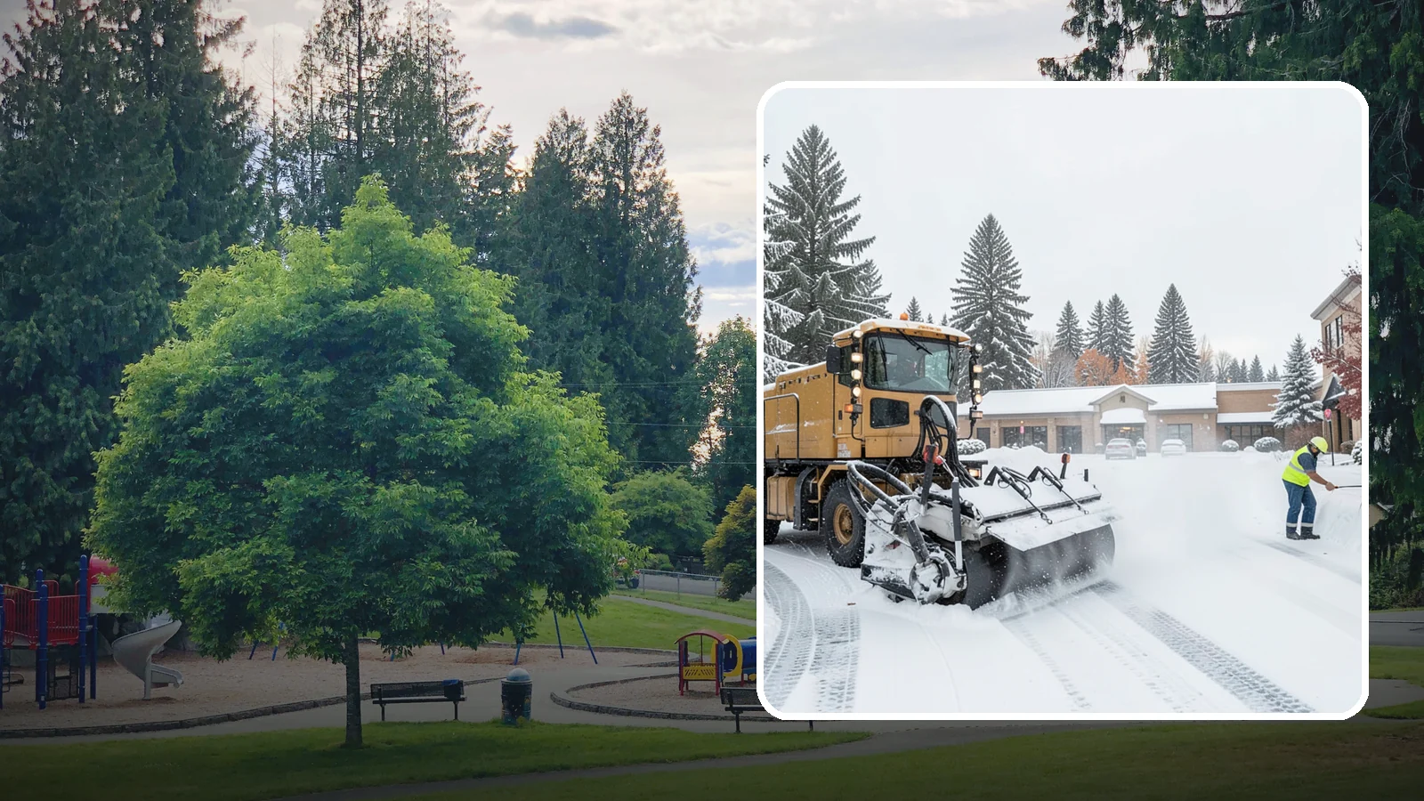 Shopping Center Snow Plowing in Bonney Lake, Pierce County, WA - We plow large shopping center lots and storefronts before open so every tenant's customers reach the doors.