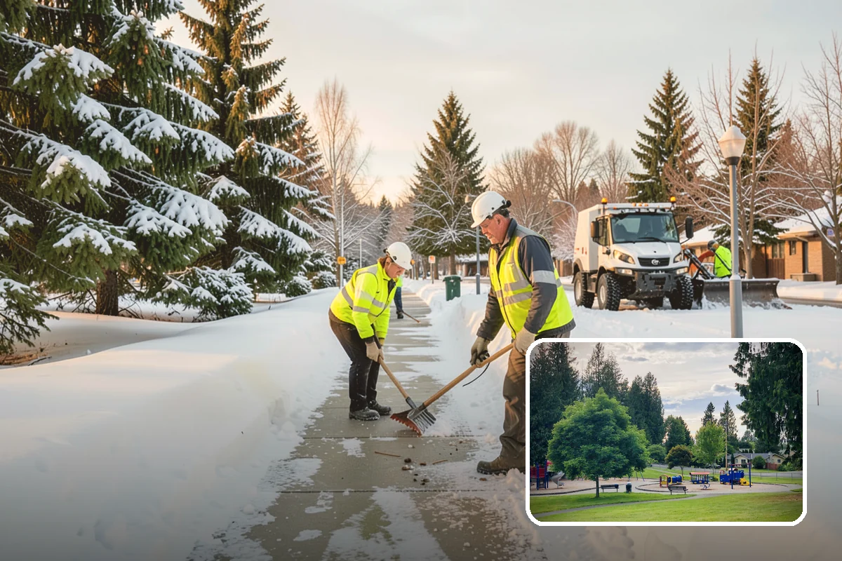 Shopping Center Snow Plowing in Bonney Lake, Pierce County, WA - Large shared lot cleared for every tenant before open