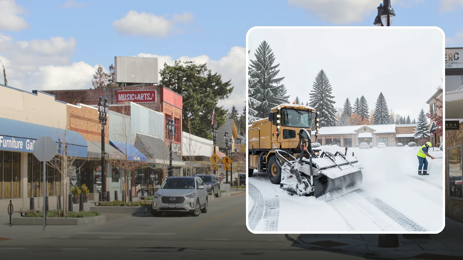 Shopping Center Snow Plowing in Bothell, King County, WA - We plow large shopping center lots and storefronts before open so every tenant's customers reach the doors.