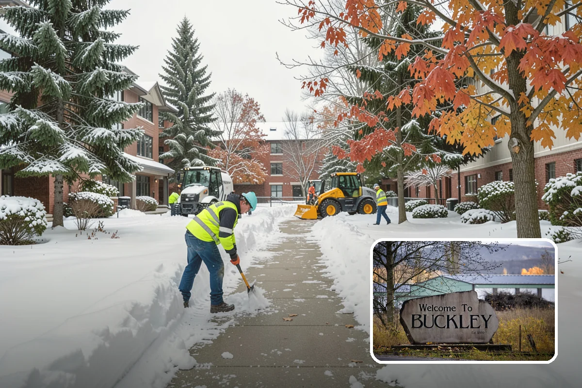 Shopping Center Snow Plowing in Buckley, Pierce County, WA - Large shared lot cleared for every tenant before open