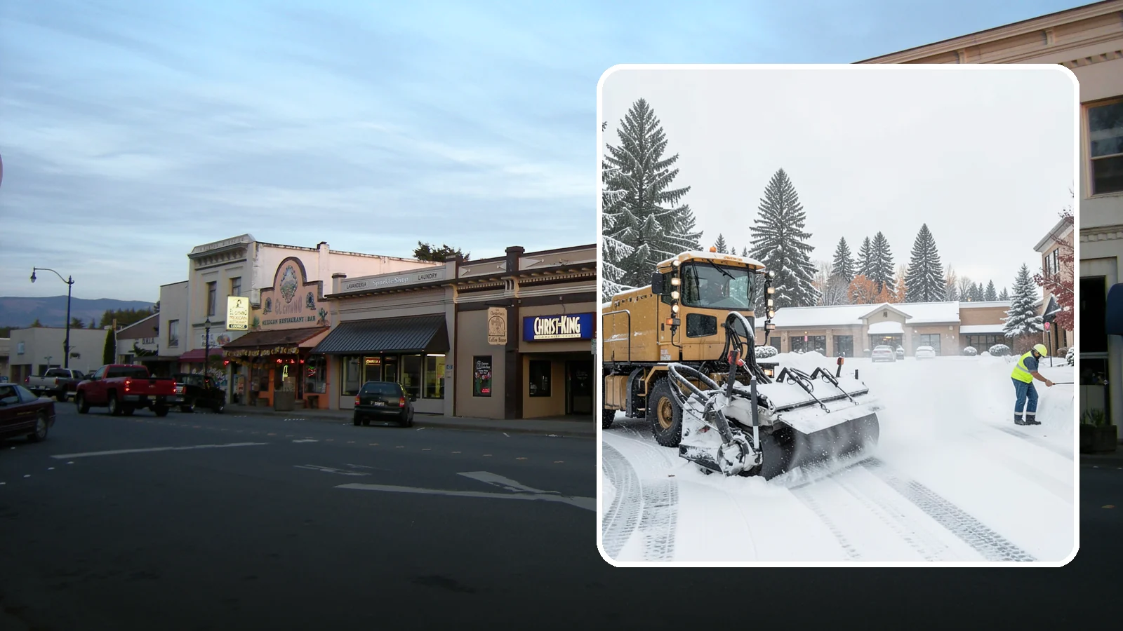 Shopping Center Snow Plowing in Burlington, Skagit County, WA - We plow large shopping center lots and storefronts before open so every tenant's customers reach the doors.