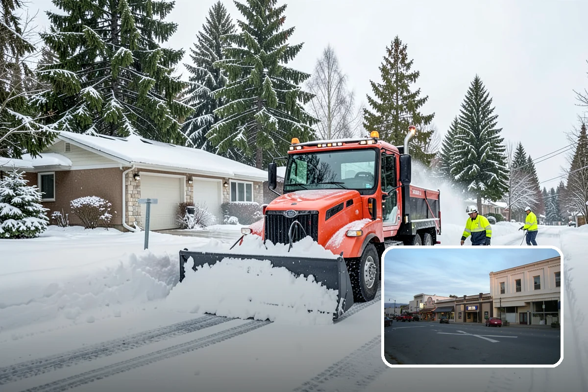 Shopping Center Snow Plowing in Burlington, Skagit County, WA - Large shared lot cleared for every tenant before open
