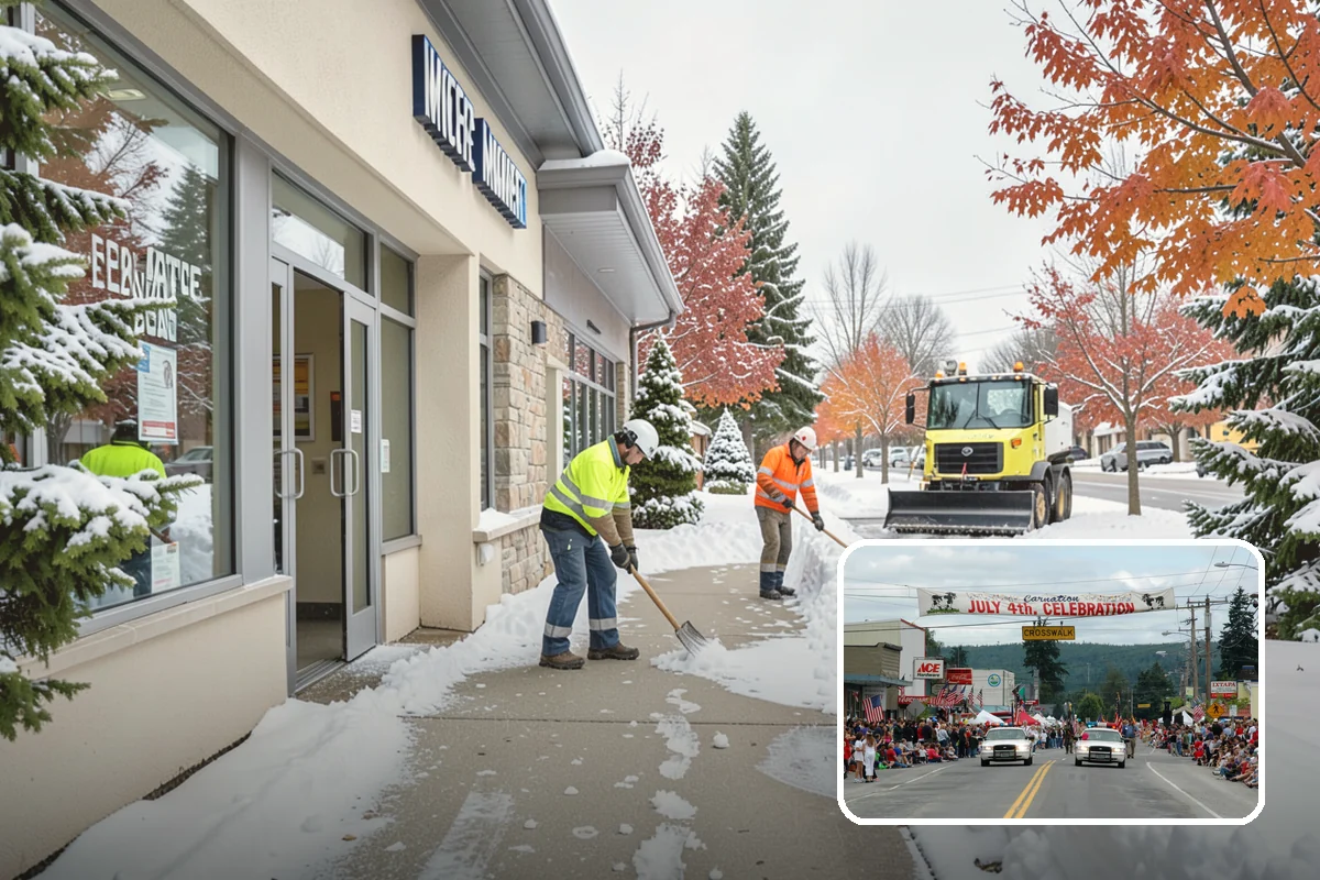 Shopping Center Snow Plowing in Carnation, King County, WA - Large shared lot cleared for every tenant before open