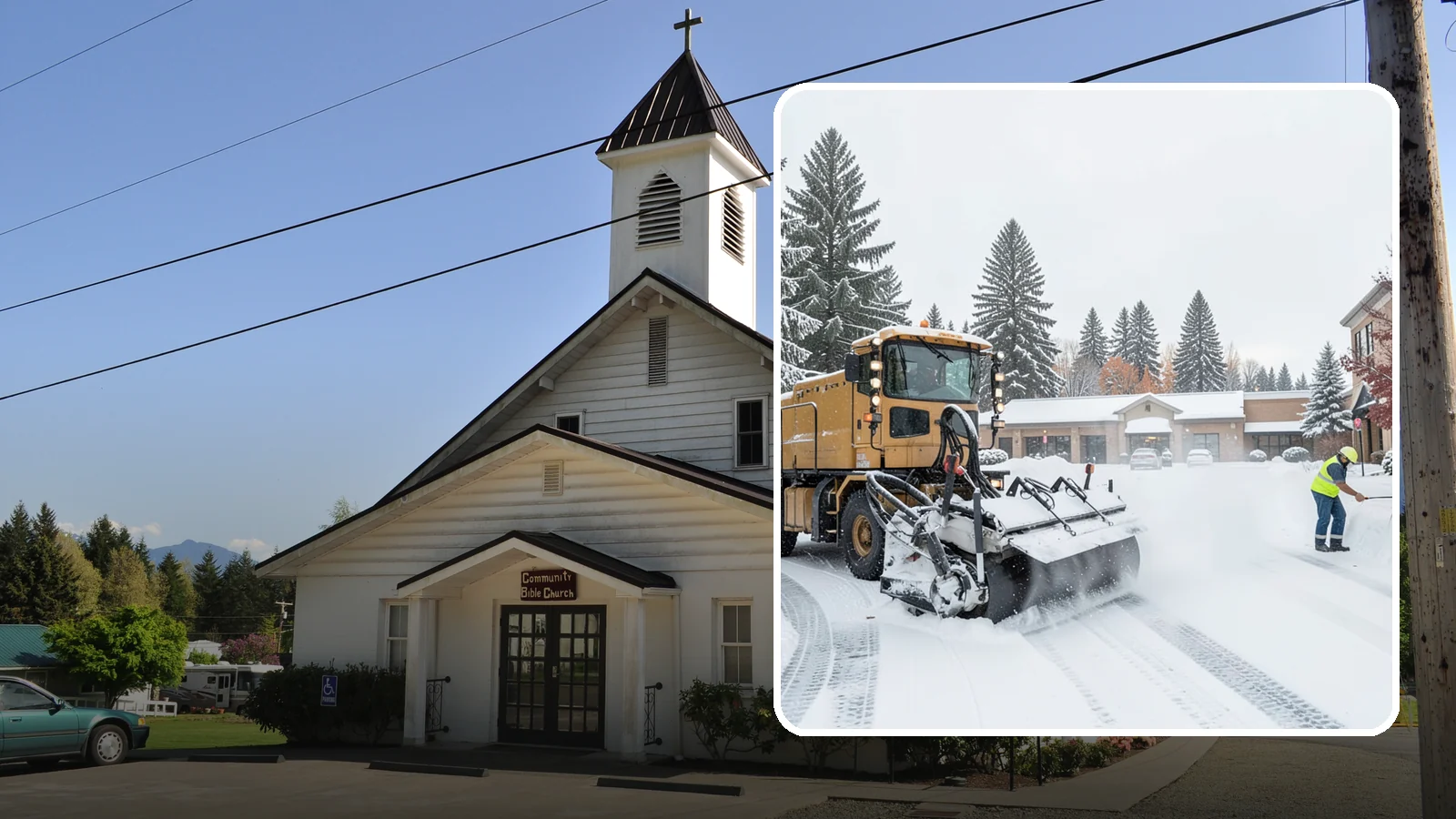 Shopping Center Snow Plowing in Concrete, Skagit County, WA - We plow large shopping center lots and storefronts before open so every tenant's customers reach the doors.