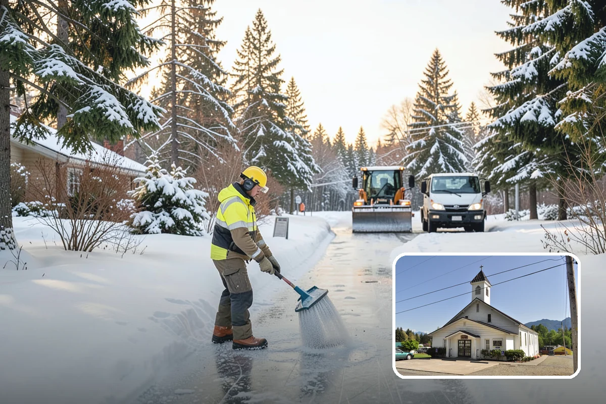 Shopping Center Snow Plowing in Concrete, Skagit County, WA - Large shared lot cleared for every tenant before open