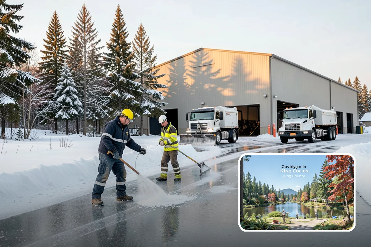 Shopping Center Snow Plowing in Covington, King County, WA - Large shared lot cleared for every tenant before open