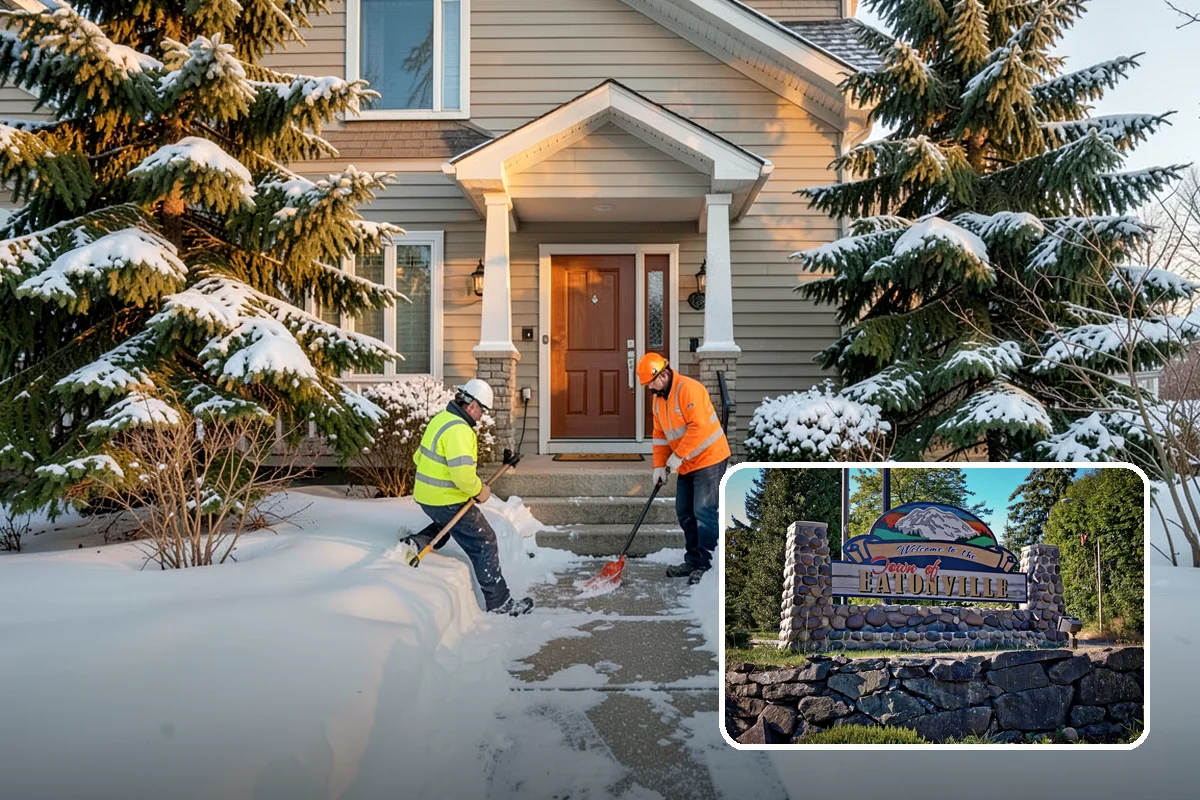 Shopping Center Snow Plowing in Eatonville, Pierce County, WA - Large shared lot cleared for every tenant before open