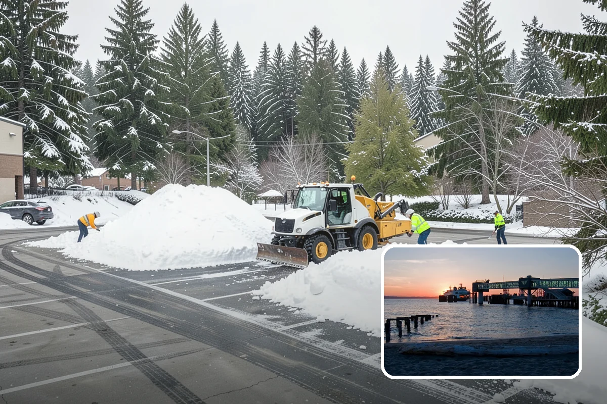 Shopping Center Snow Plowing in Edmonds, Snohomish County, WA - Large shared lot cleared for every tenant before open