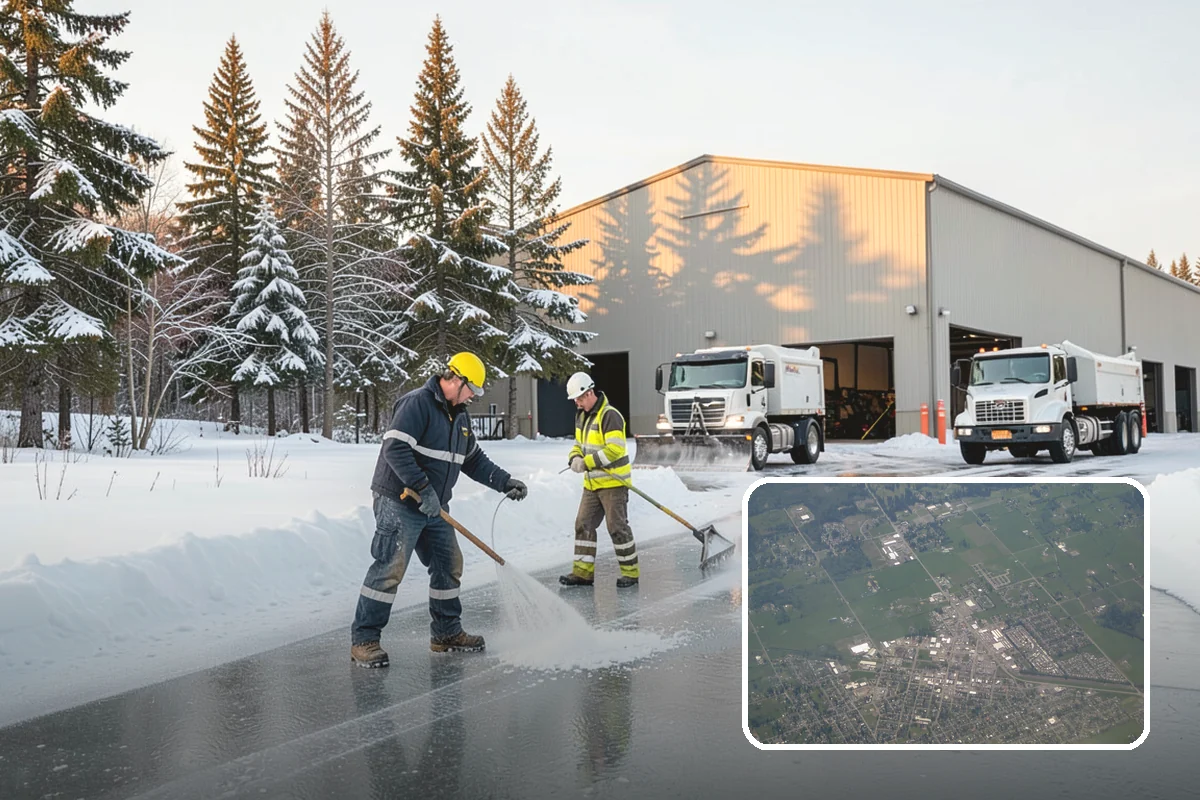 Shopping Center Snow Plowing in Enumclaw, King County, WA - Large shared lot cleared for every tenant before open