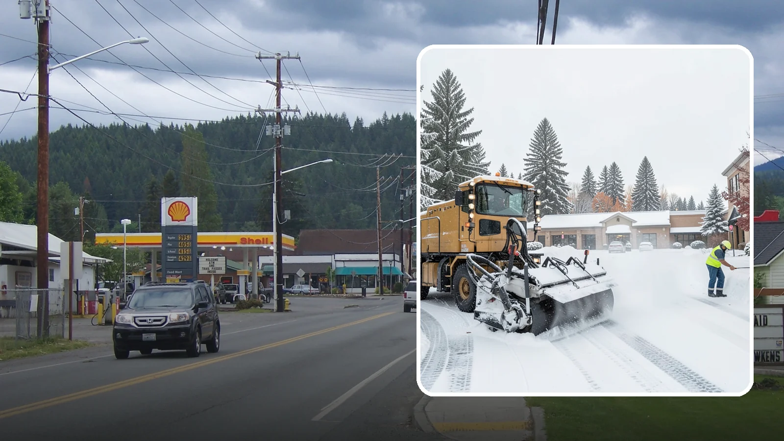 Shopping Center Snow Plowing in Granite Falls, Snohomish County, WA - We plow large shopping center lots and storefronts before open so every tenant's customers reach the doors.