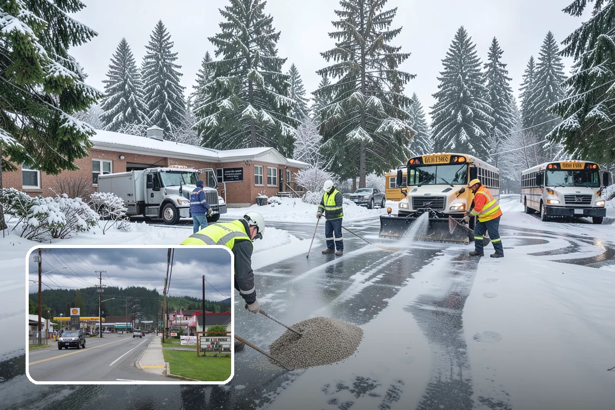 Shopping Center Snow Plowing in Granite Falls, Snohomish County, WA - Large shared lot cleared for every tenant before open
