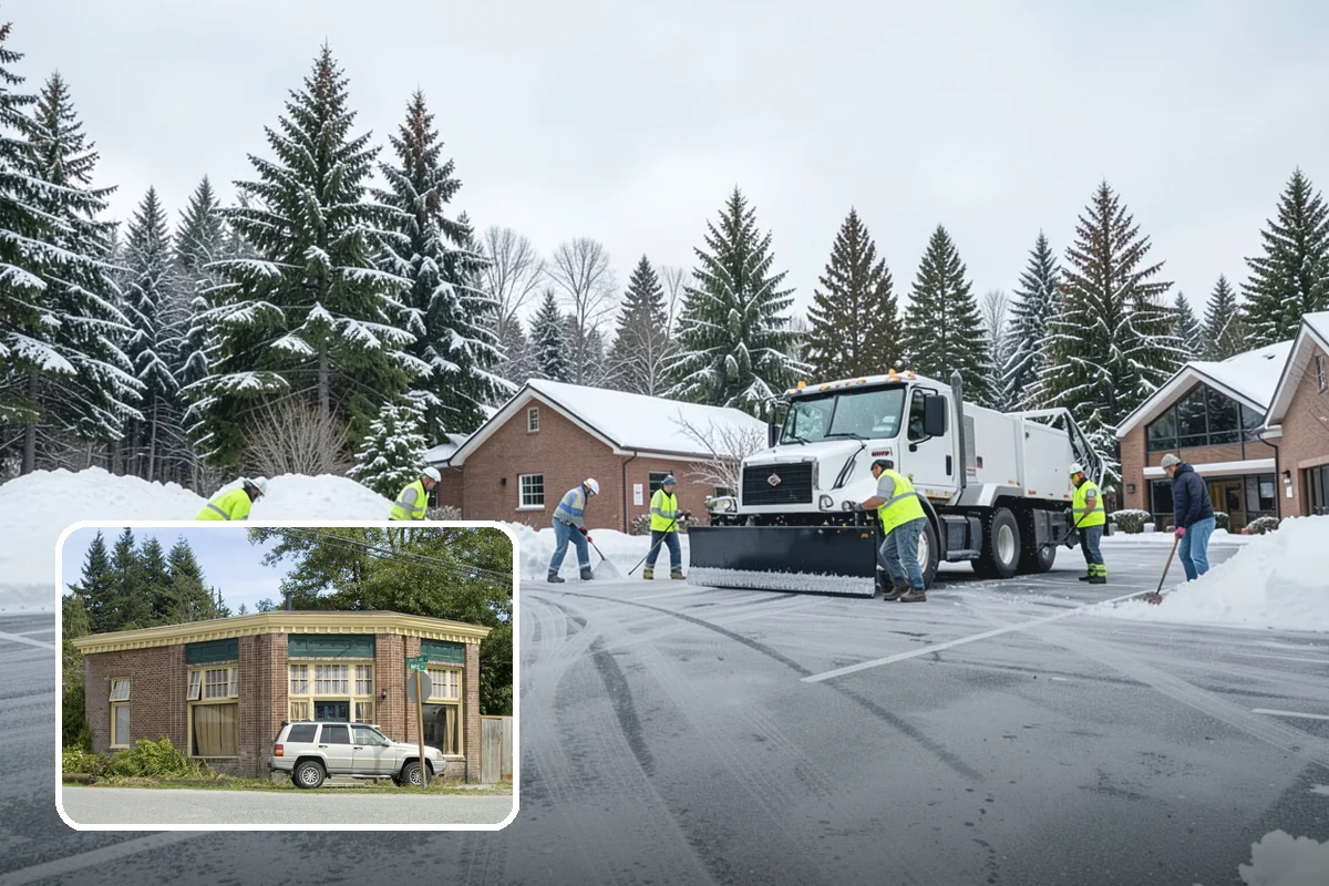 Shopping Center Snow Plowing in Hamilton, Skagit County, WA - Large shared lot cleared for every tenant before open