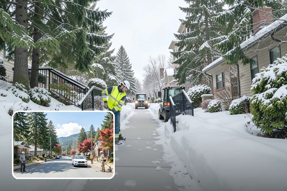 Shopping Center Snow Plowing in Hunts Point, King County, WA - Large shared lot cleared for every tenant before open