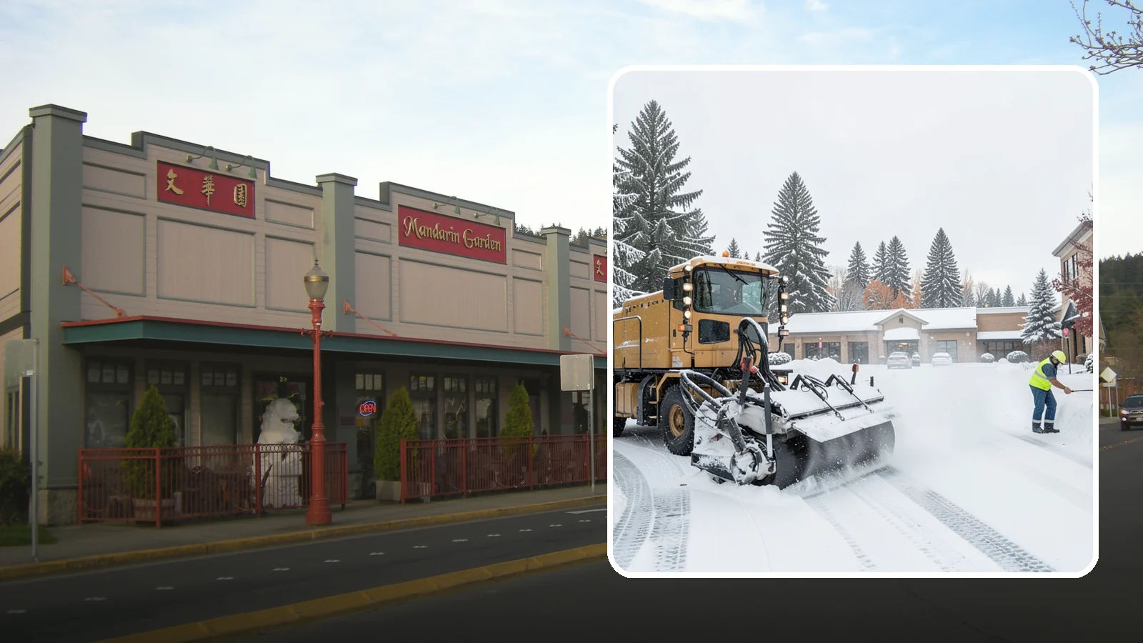 Shopping Center Snow Plowing in Issaquah, King County, WA - We plow large shopping center lots and storefronts before open so every tenant's customers reach the doors.