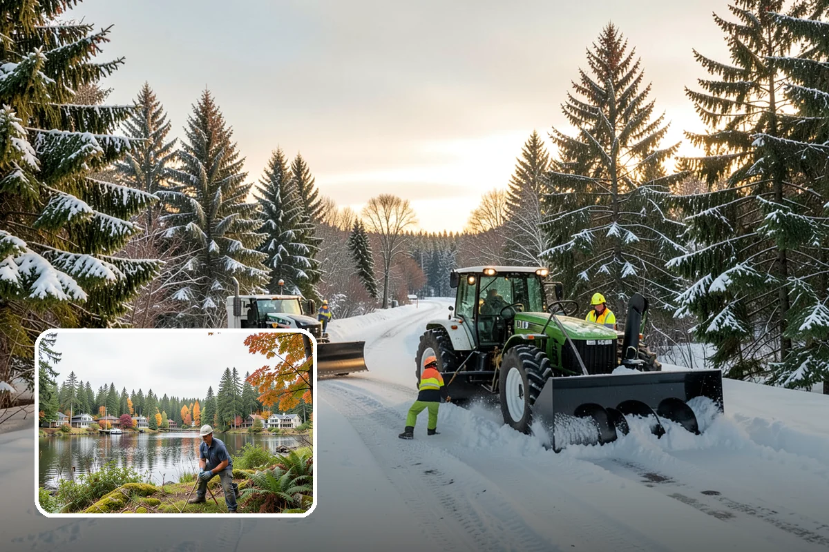 Shopping Center Snow Plowing in La Conner, Skagit County, WA - Large shared lot cleared for every tenant before open