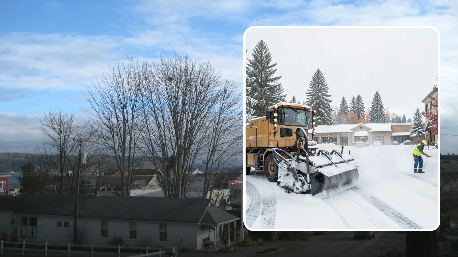 Shopping Center Snow Plowing in Langley, Island County, WA - We plow large shopping center lots and storefronts before open so every tenant's customers reach the doors.