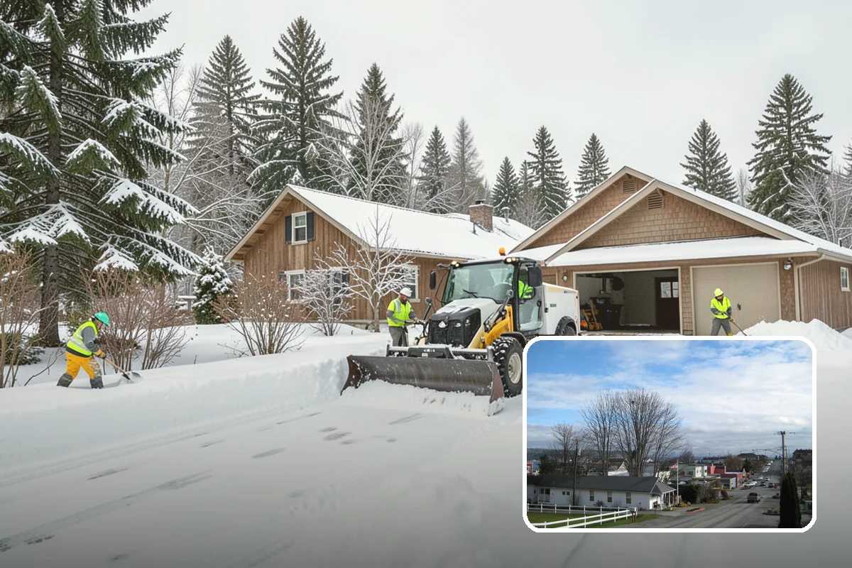 Shopping Center Snow Plowing in Langley, Island County, WA - Large shared lot cleared for every tenant before open