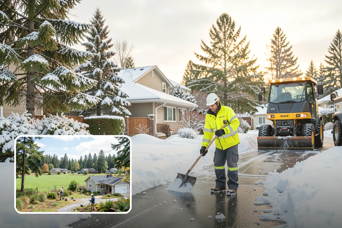 Shopping Center Snow Plowing in Lyman, Skagit County, WA - Large shared lot cleared for every tenant before open