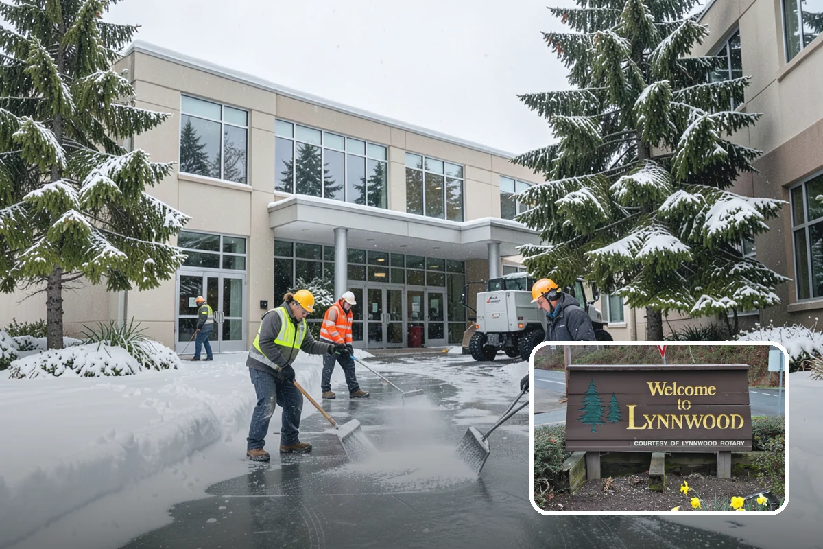 Shopping Center Snow Plowing in Lynnwood, Snohomish County, WA - Large shared lot cleared for every tenant before open
