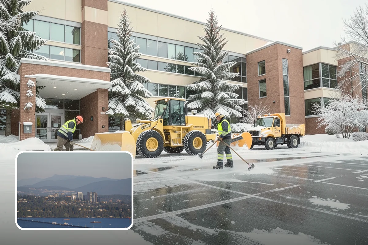 Shopping Center Snow Plowing in Medina, King County, WA - Large shared lot cleared for every tenant before open