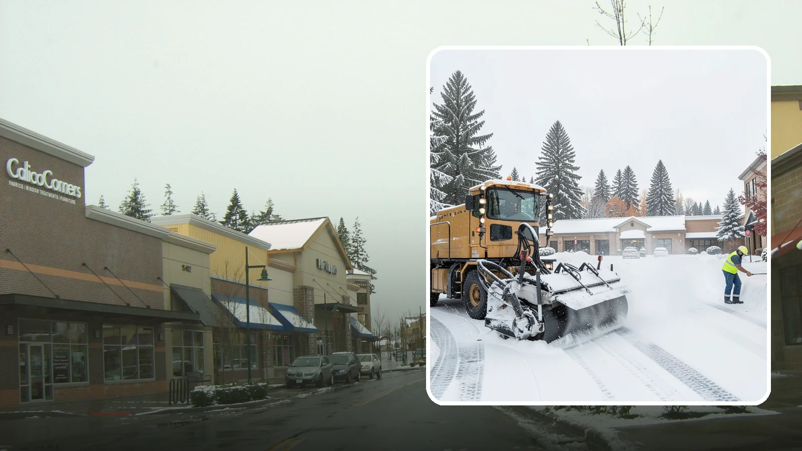Shopping Center Snow Plowing in Mill Creek, Snohomish County, WA - We plow large shopping center lots and storefronts before open so every tenant's customers reach the doors.