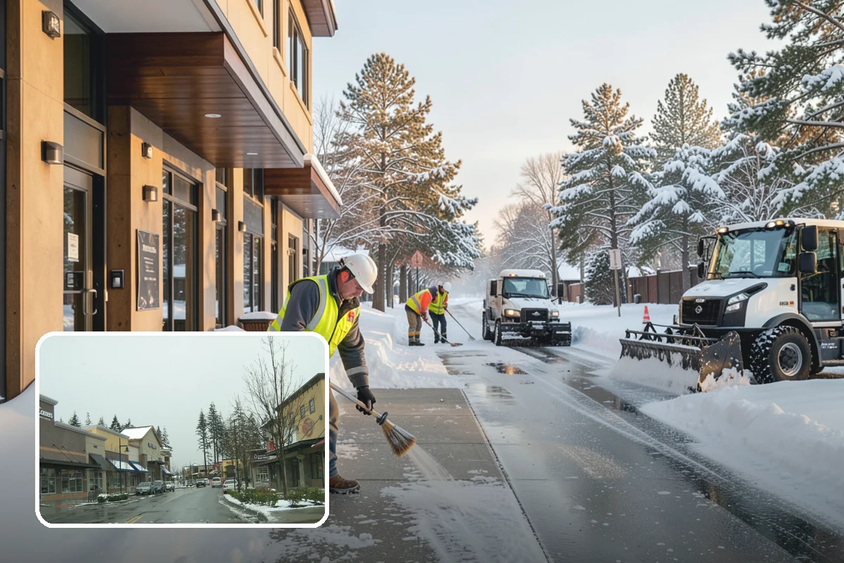 Shopping Center Snow Plowing in Mill Creek, Snohomish County, WA - Large shared lot cleared for every tenant before open