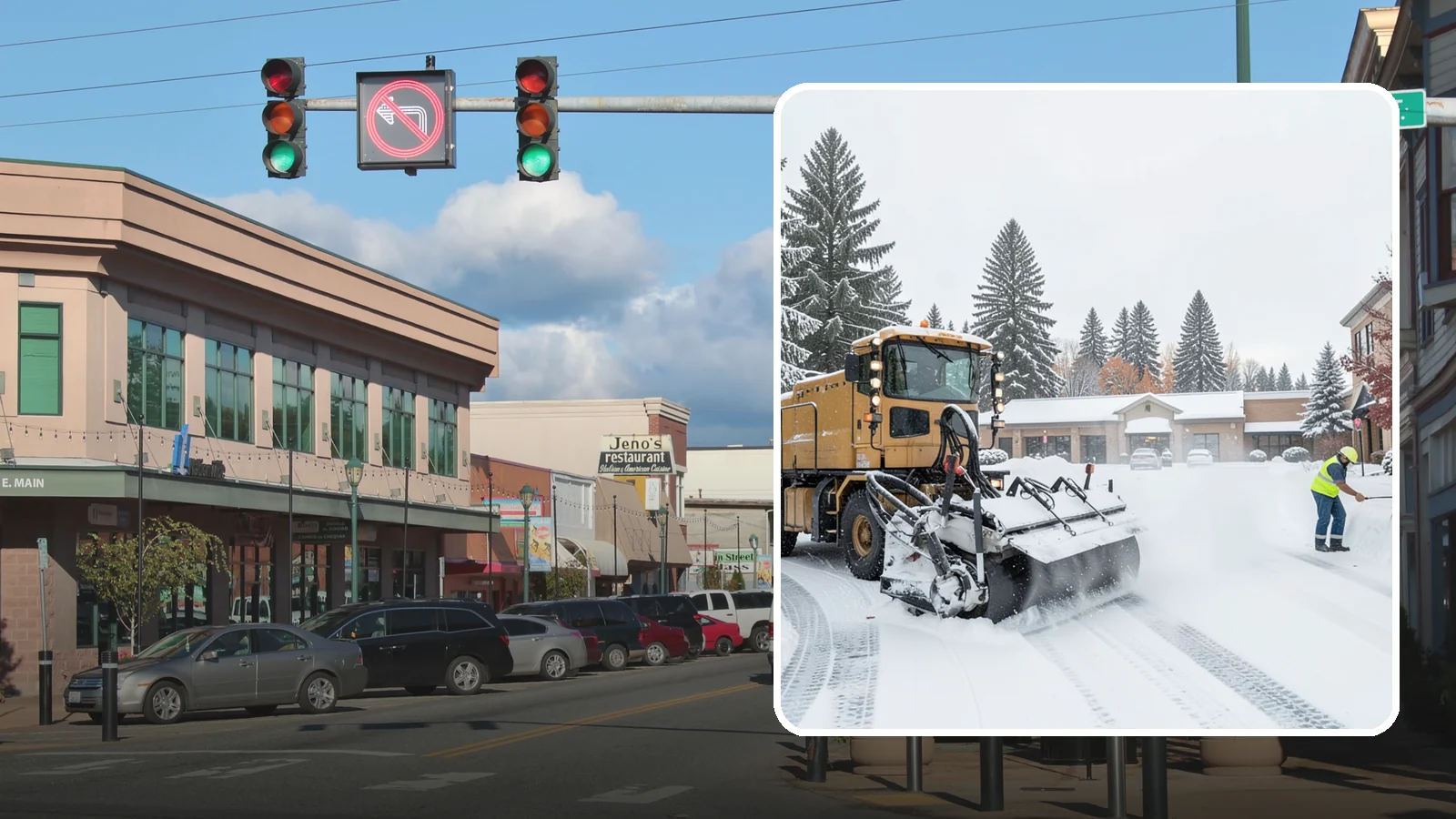 Shopping Center Snow Plowing in Monroe, Snohomish County, WA - We plow large shopping center lots and storefronts before open so every tenant's customers reach the doors.