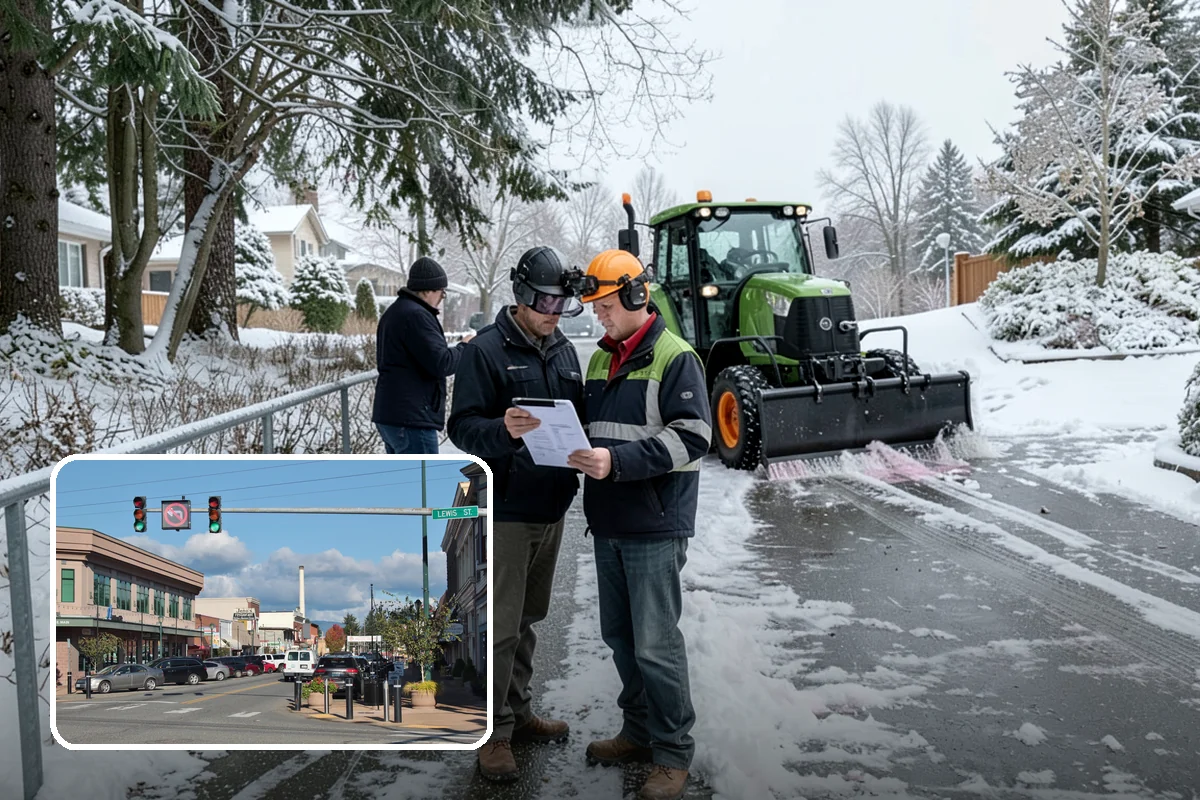 Shopping Center Snow Plowing in Monroe, Snohomish County, WA - Large shared lot cleared for every tenant before open