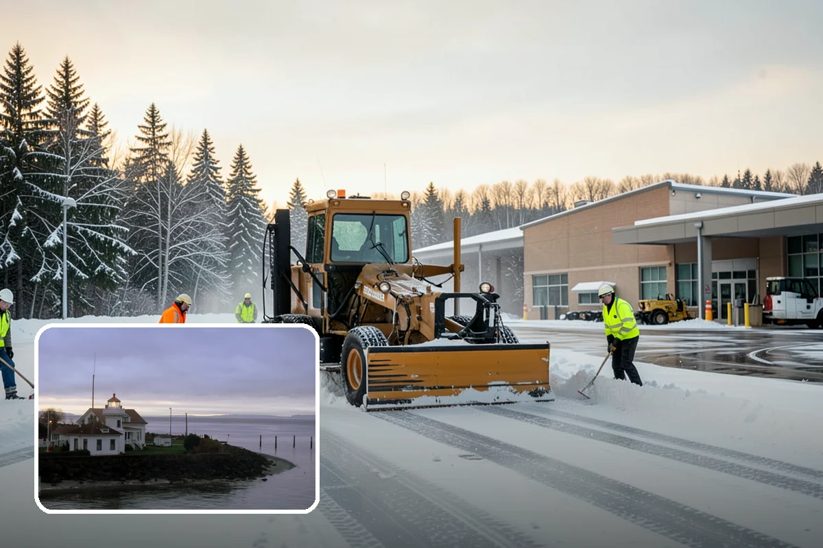 Shopping Center Snow Plowing in Mukilteo, Snohomish County, WA - Large shared lot cleared for every tenant before open