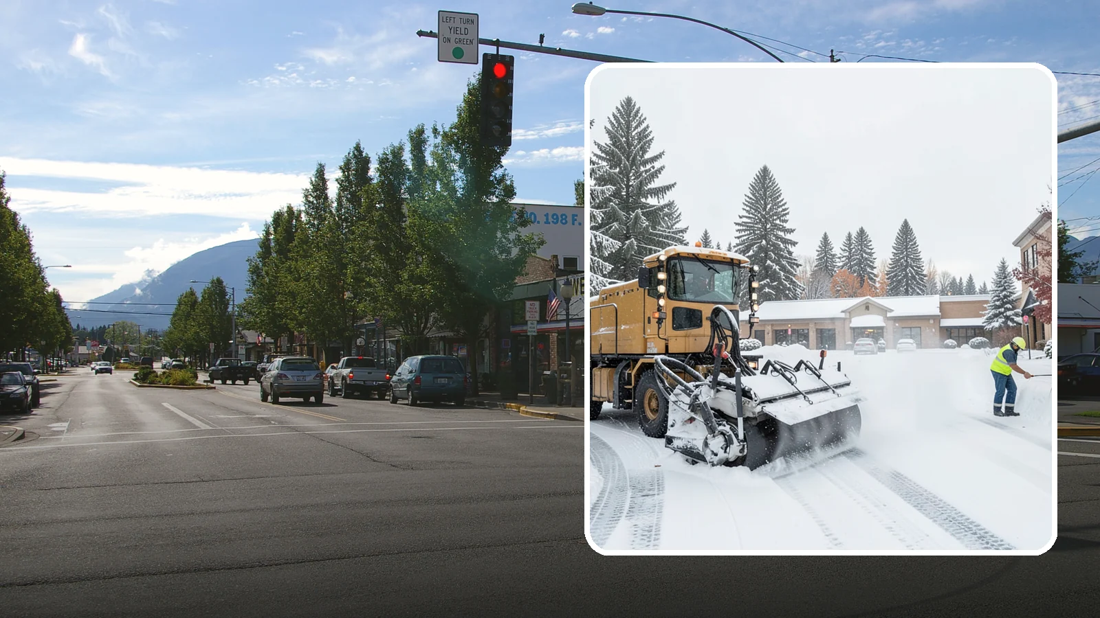 Shopping Center Snow Plowing in North Bend, King County, WA - We plow large shopping center lots and storefronts before open so every tenant's customers reach the doors.