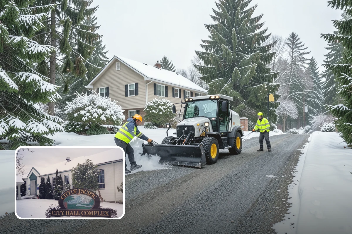Shopping Center Snow Plowing in Pacific, King County, WA - Large shared lot cleared for every tenant before open