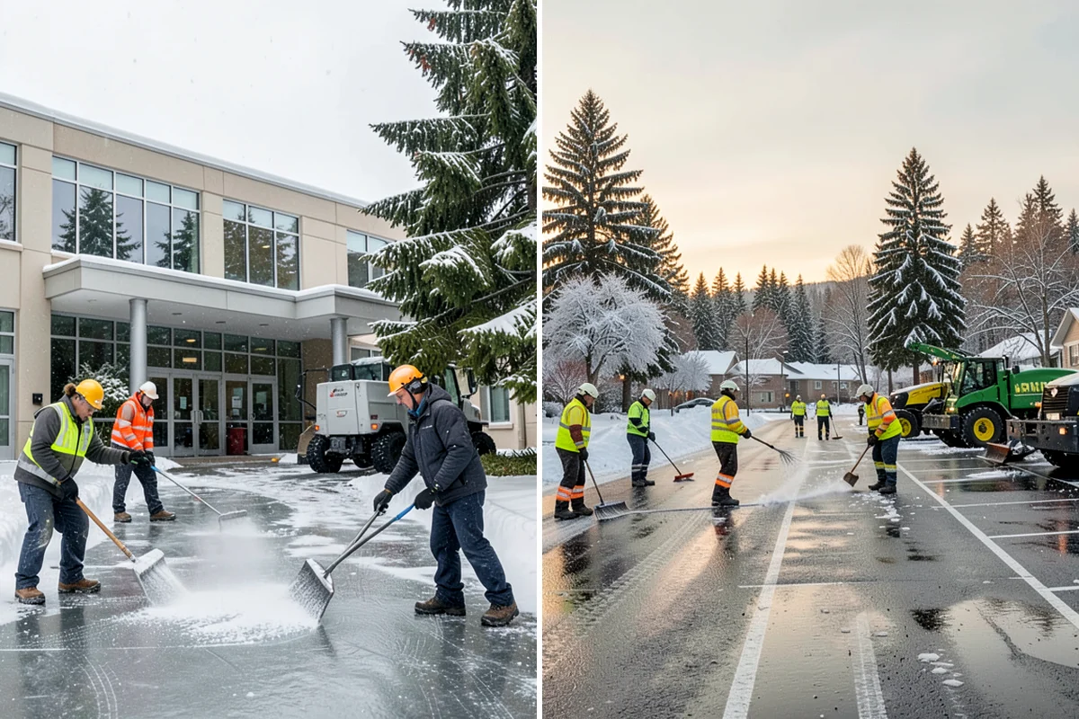 Shopping Center Snow Plowing in Pacific, King County, WA - Map the lot, storefront aprons, and snow-storage islands with center management